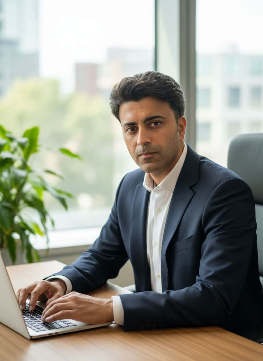 Professional portrait of Pawan, founder of Cove Estates, in a tailored dark suit against a modern office backdrop