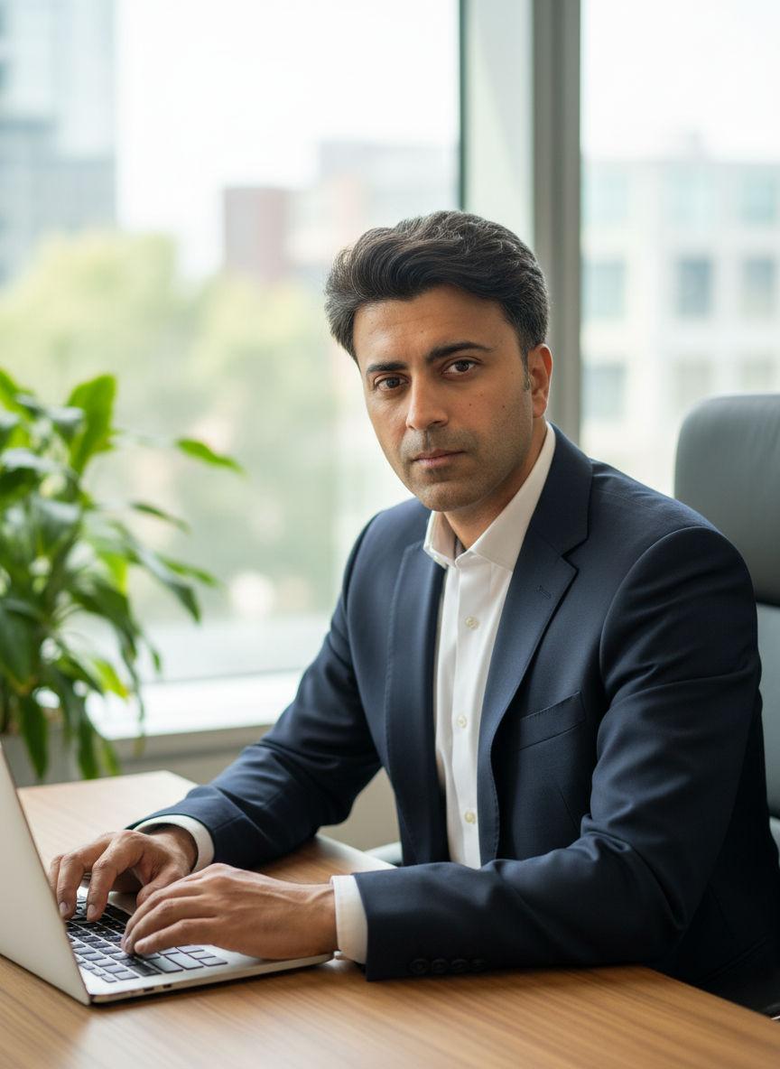 Professional portrait of Pawan, founder of Cove Estates, in a tailored dark suit against a modern office backdrop